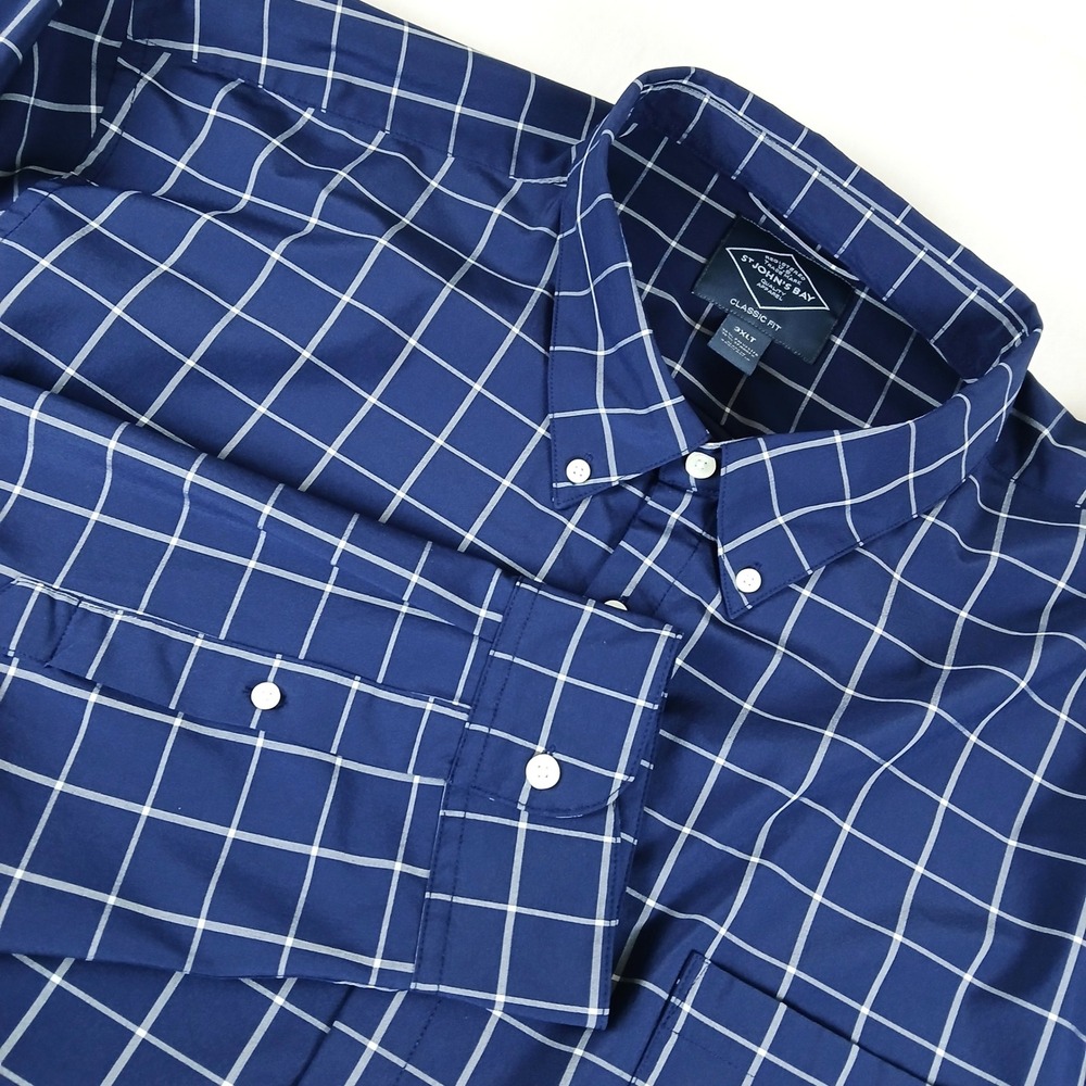 St Johns Bay Mens 3XLT Navy Blue Windowpane Check Classic Fit Stretch Shirt